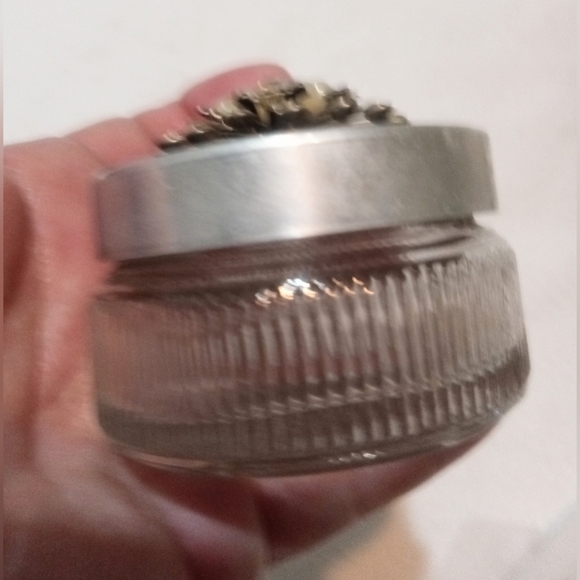 Vtg Glass Perfume Cosmetic Vanity Ribbed Jar Black & Silver Tone w Added Decor - Picture 3 of 6